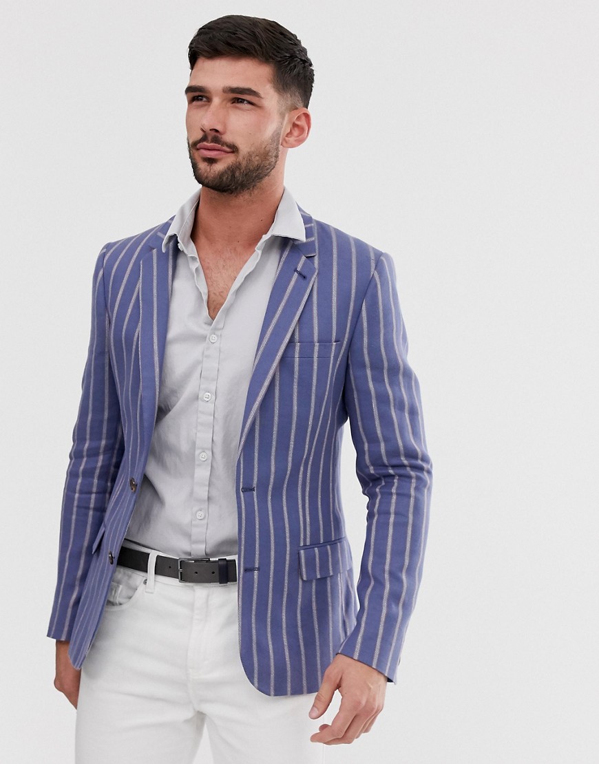 ASOS DESIGN skinny linen blazer in blue stripe