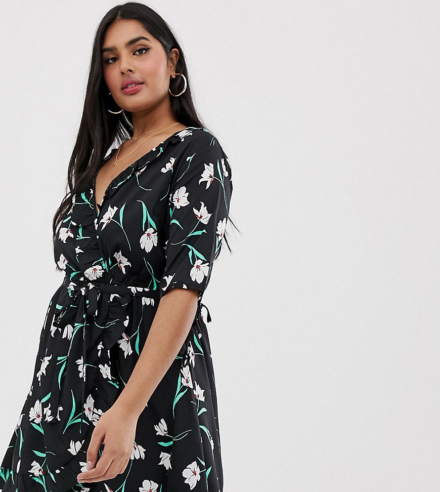 Influence Plus floral wrap dress with tie sleeve and ruffle in black