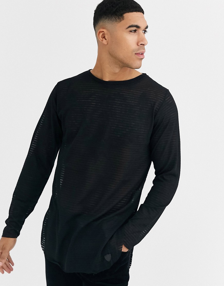 Soul Star sheer curved hem knitted top in black