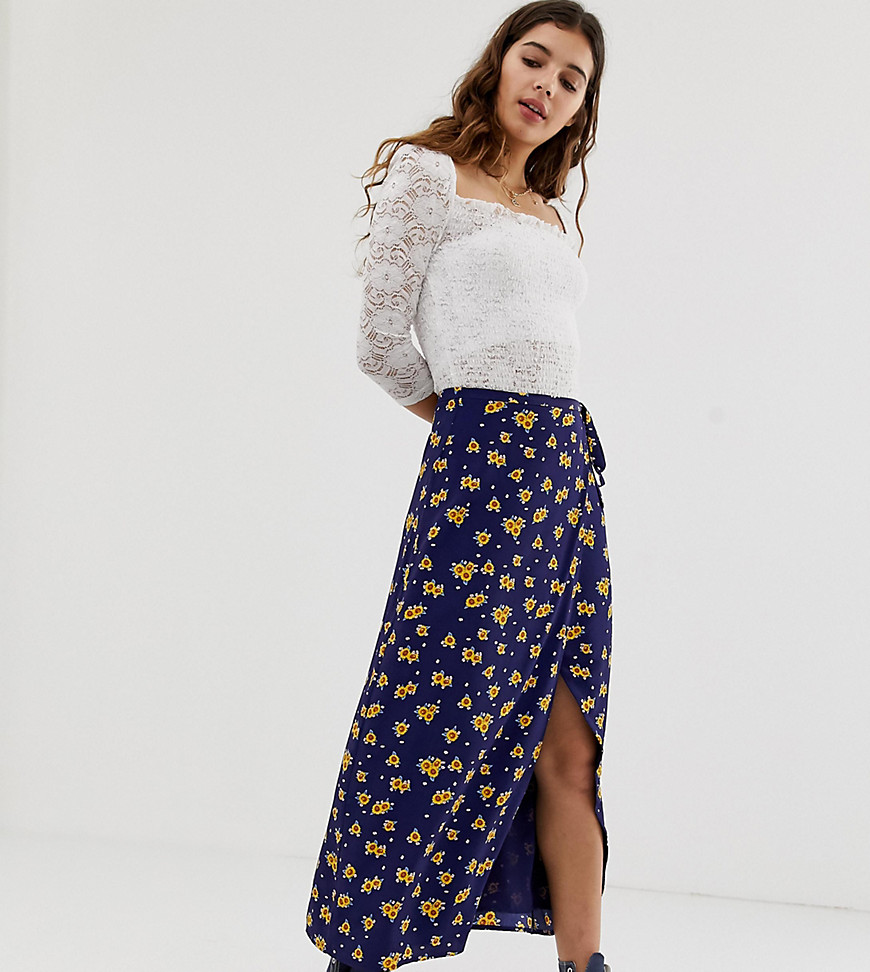 Glamorous wrap tie midi skirt in sunflower print