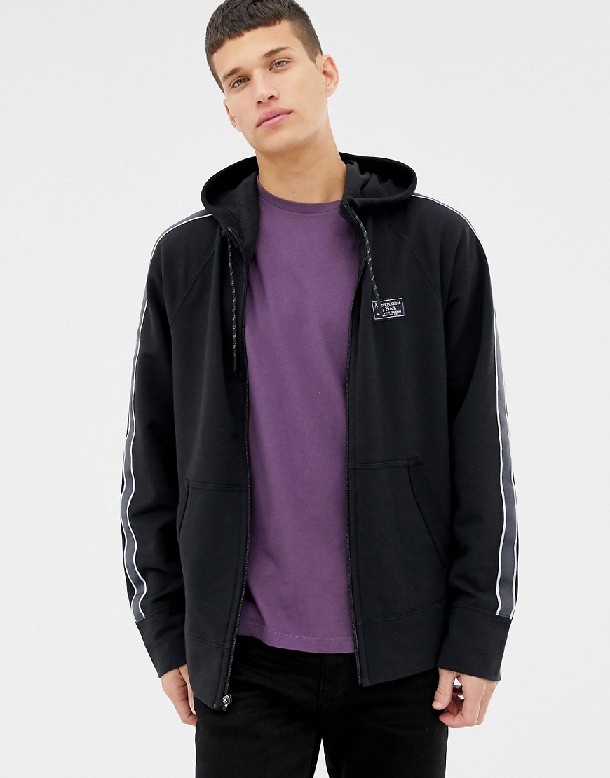 Abercrombie & Fitch sleeve tape logo full zip hoodie in black