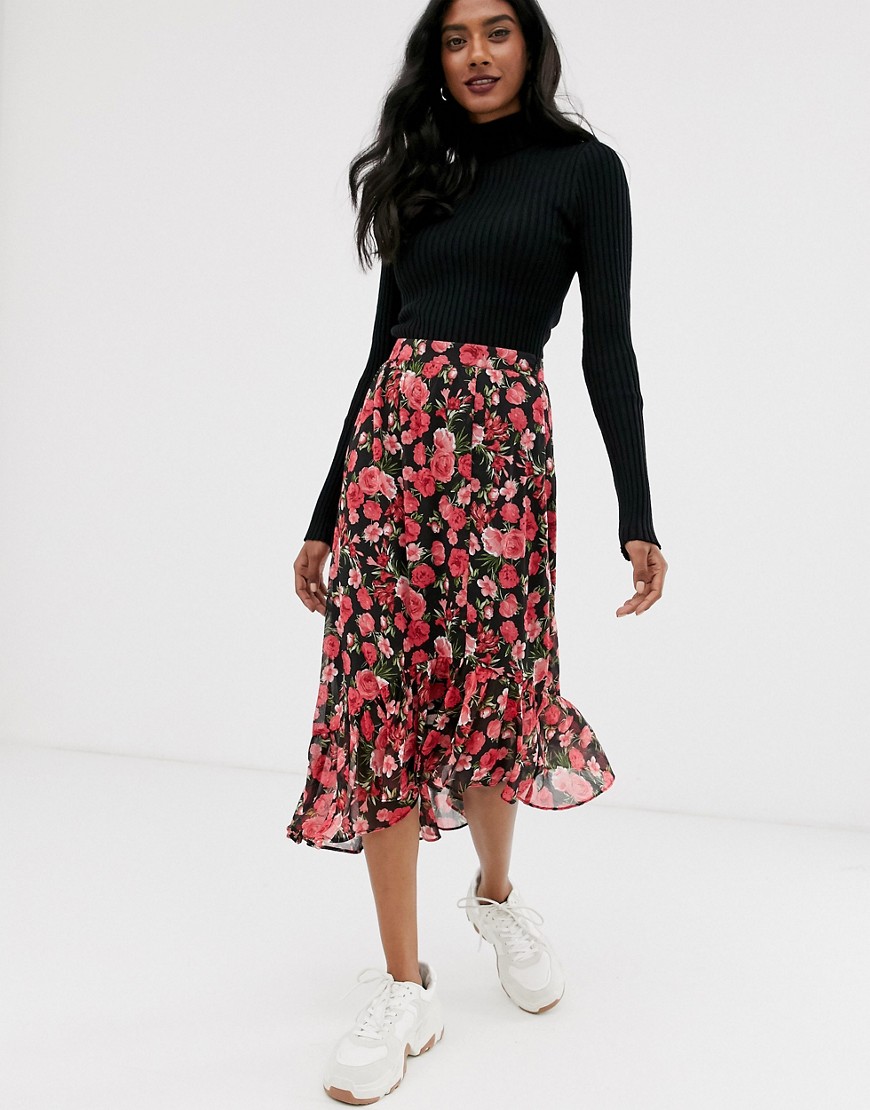 Stradivarius asymmetric skirt with frill in floral print