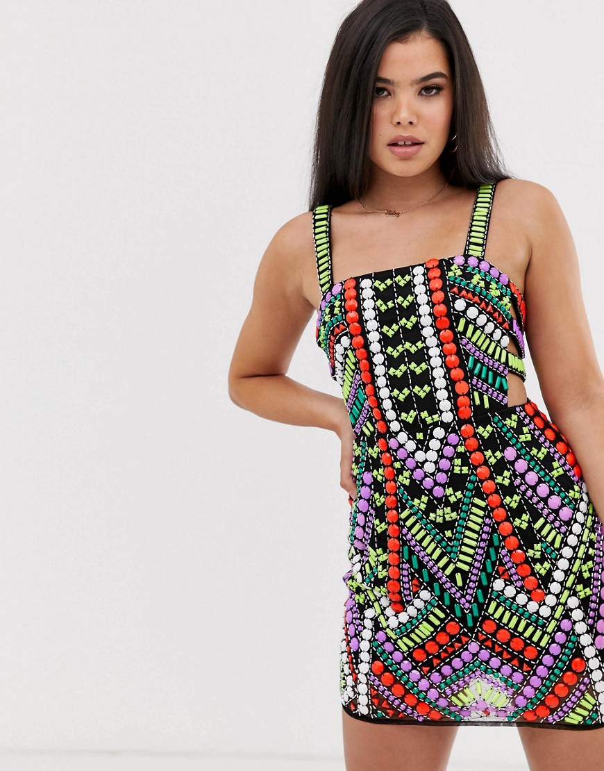 Asos Design Geo-tribal Embellished Strappy Back Mini Dress-multi