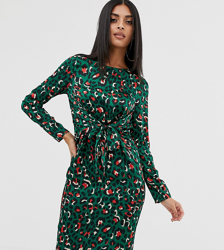 PrettyLittleThing exclusive tie front midi dress in leopard
