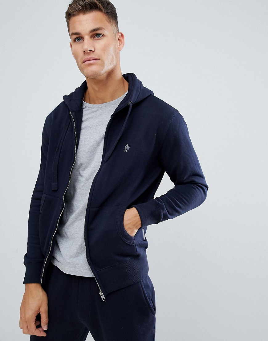 French Connection Essentials zip through hoodie with logo in navy