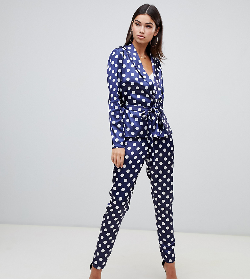Boohoo satin tapered trousers in navy polka dot