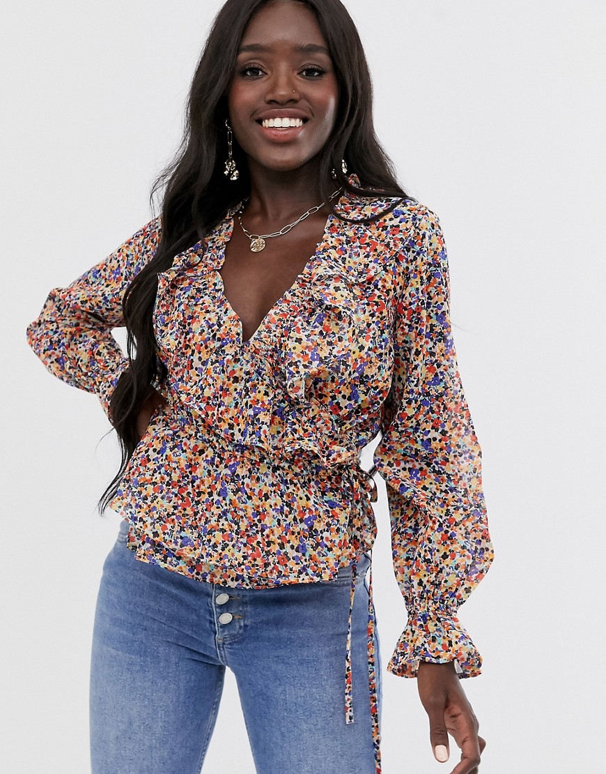 ASOS DESIGN long sleeve wrap top with ruffle detail in floral print