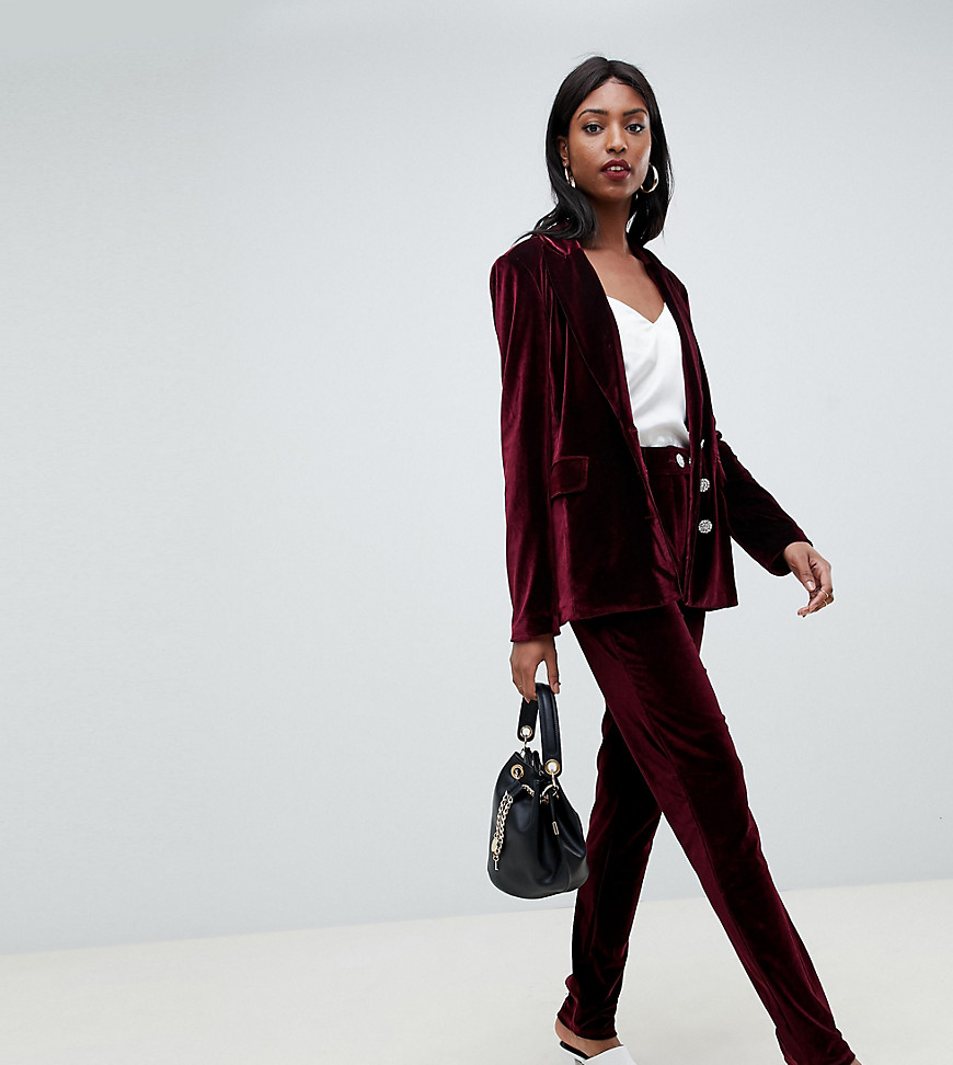 Fashion Union tall high waist trousers in velvet - Burgundy velvet