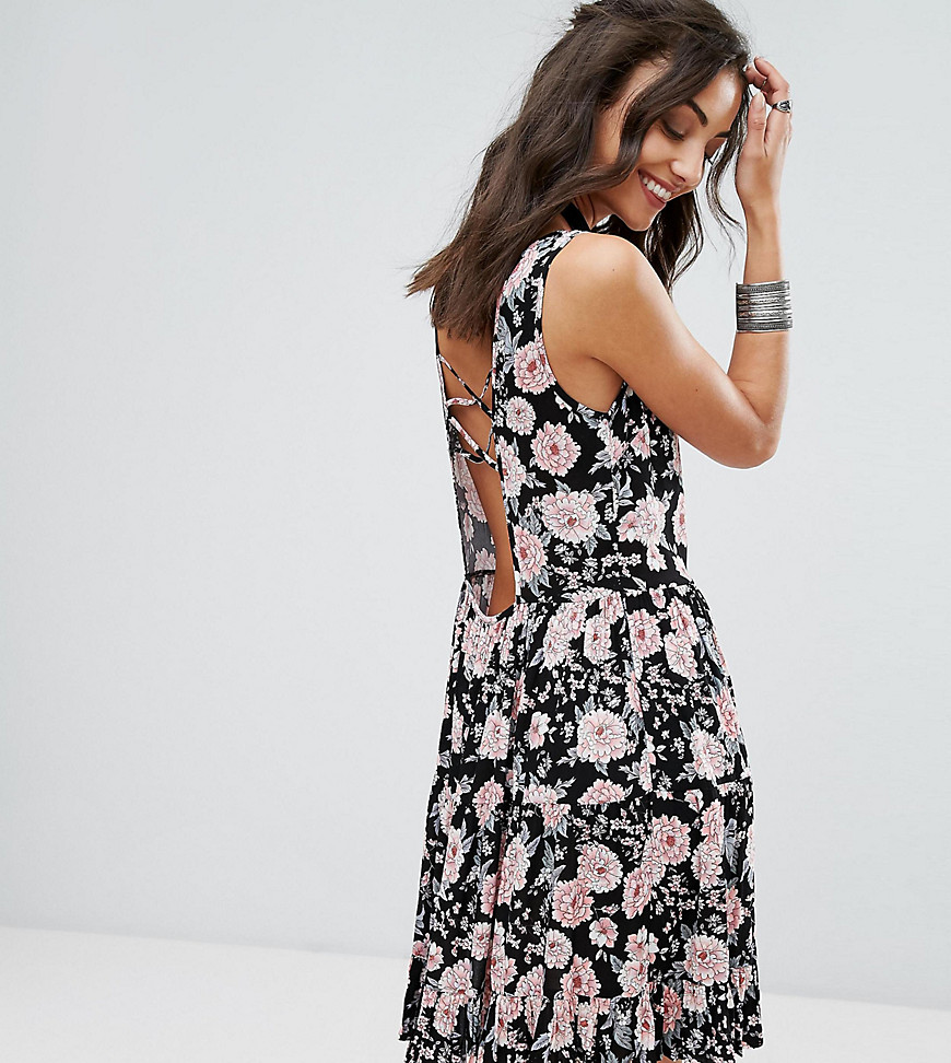 Glamorous Tall Smock Dress With Tie Back In Romantic Floral - Black