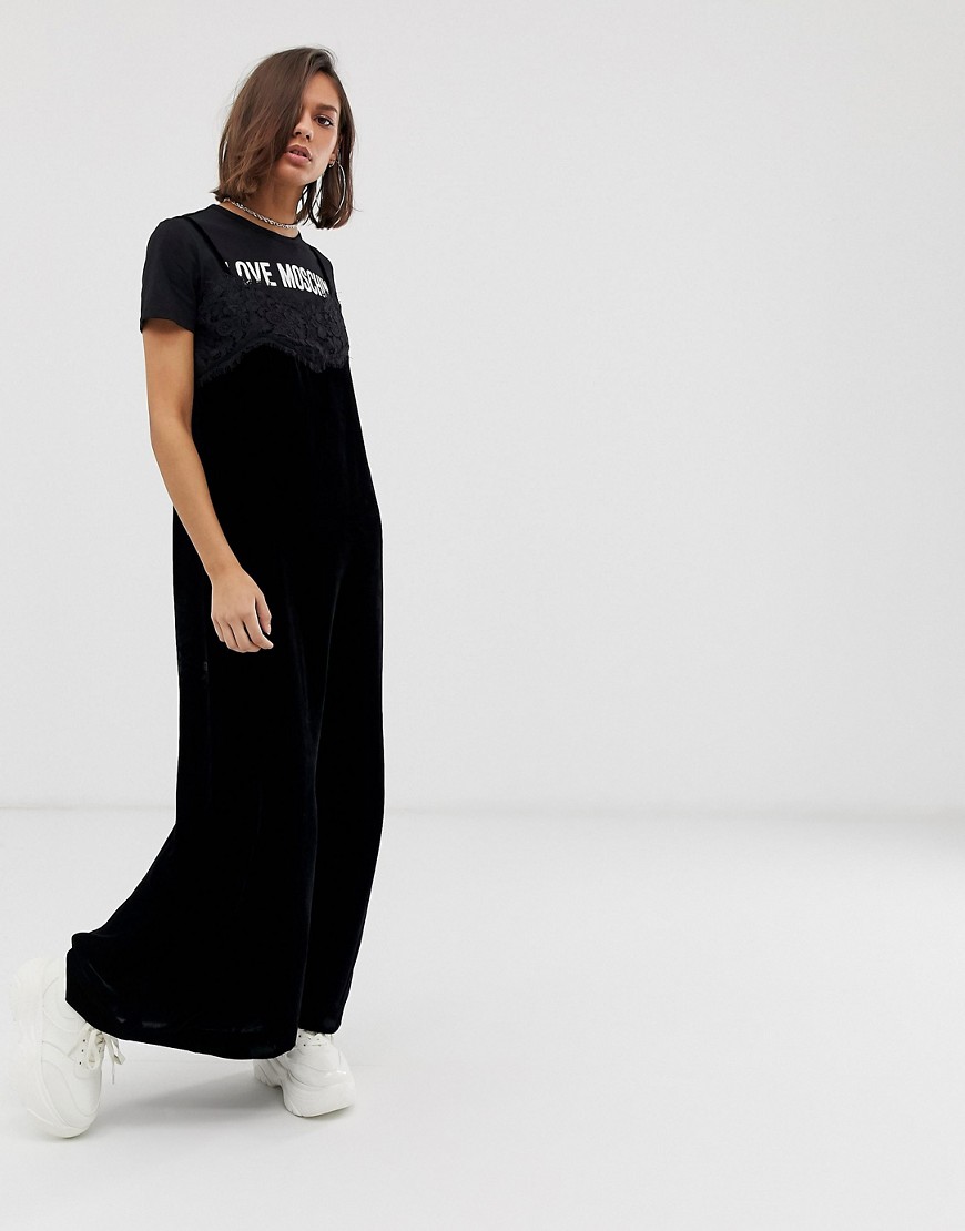 Love Moschino I love Moschino slogan maxi dress with velvet slip overlay