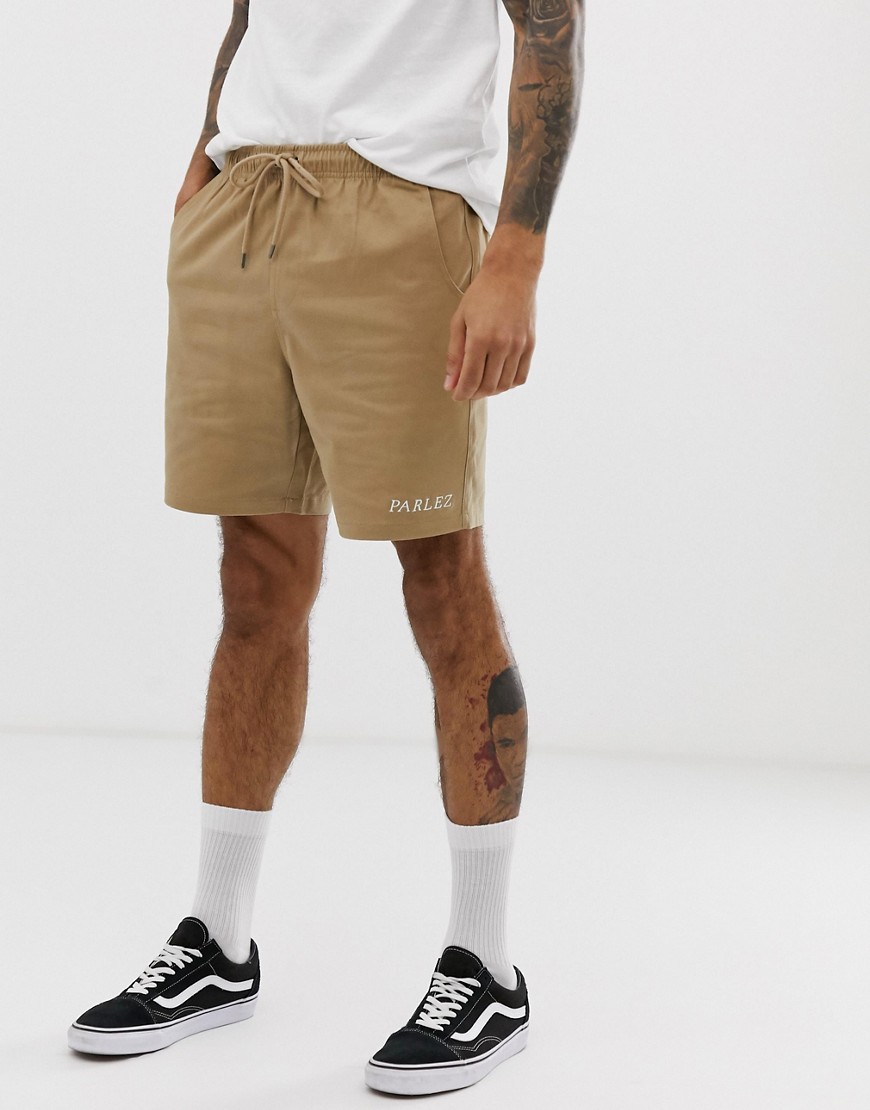 Parlez Ron short with embroidered logo in tan