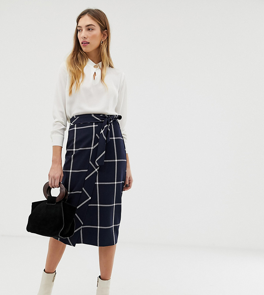 Warehouse wrap skirt with window check in navy