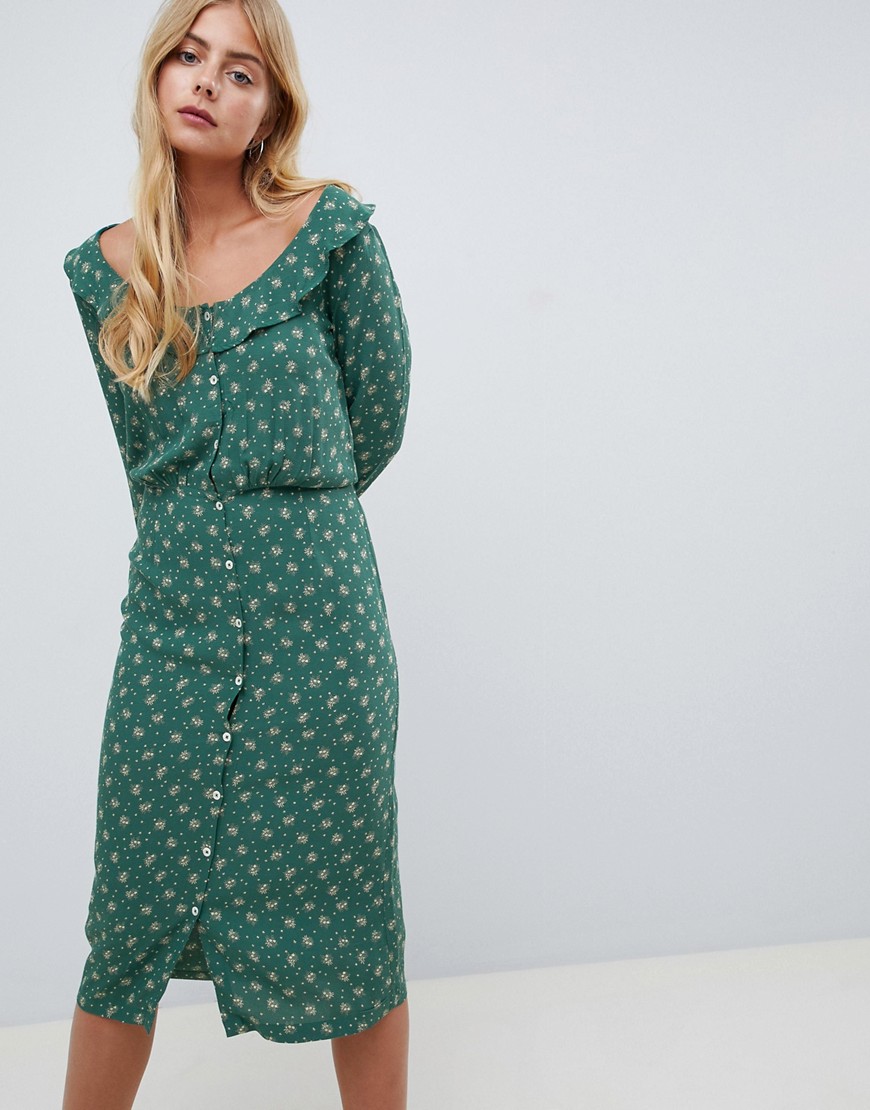 Leon & Harper Rhoda ditsy print shirt dress with frill collar - Green