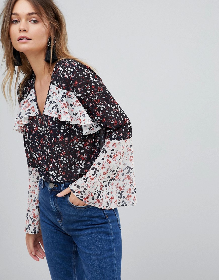 Influence Frill Front Flare Sleeve Mix & Match Floral Print Blouse - Multi
