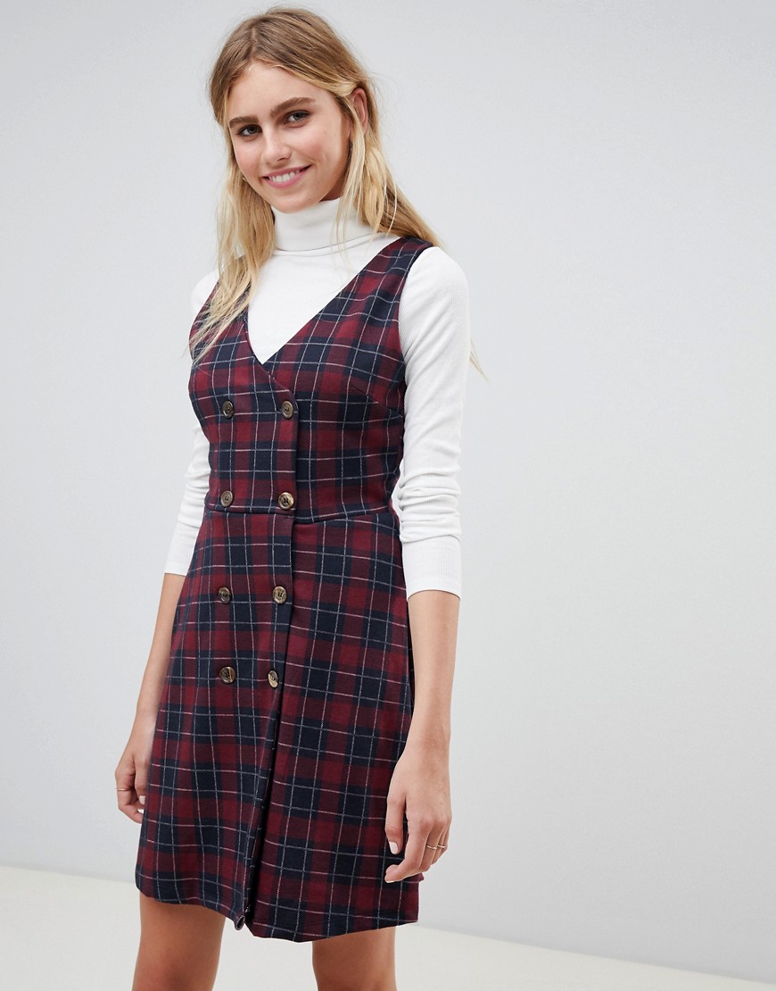 New Look Tartan Double Breasted Pinny Dress - Red pattern