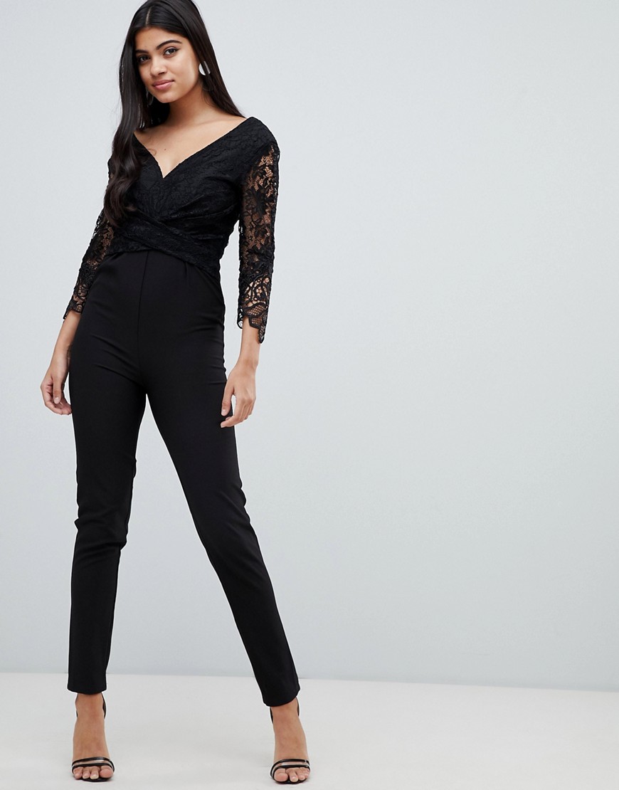 Little Mistress lace sleeve fitted jumpsuit in black