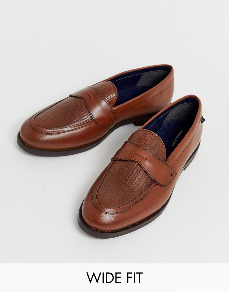 Farah wide fit leather woven loafer in tan