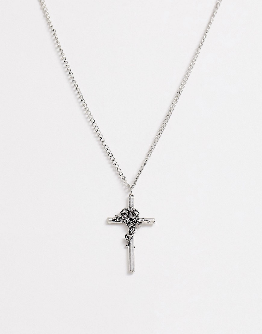 Asos Design Neckchain With Cross And Rose Detail In Silver Tone
