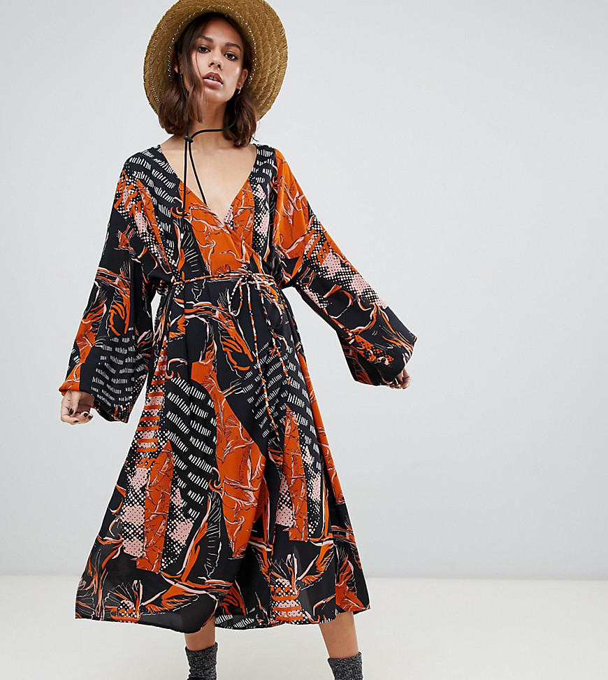 Weekday v neck midaxi smock dress in mixed print