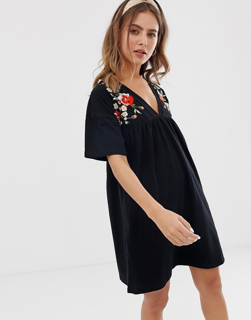 Asos Design Embroidered Ultimate Cotton Smock Dress-black