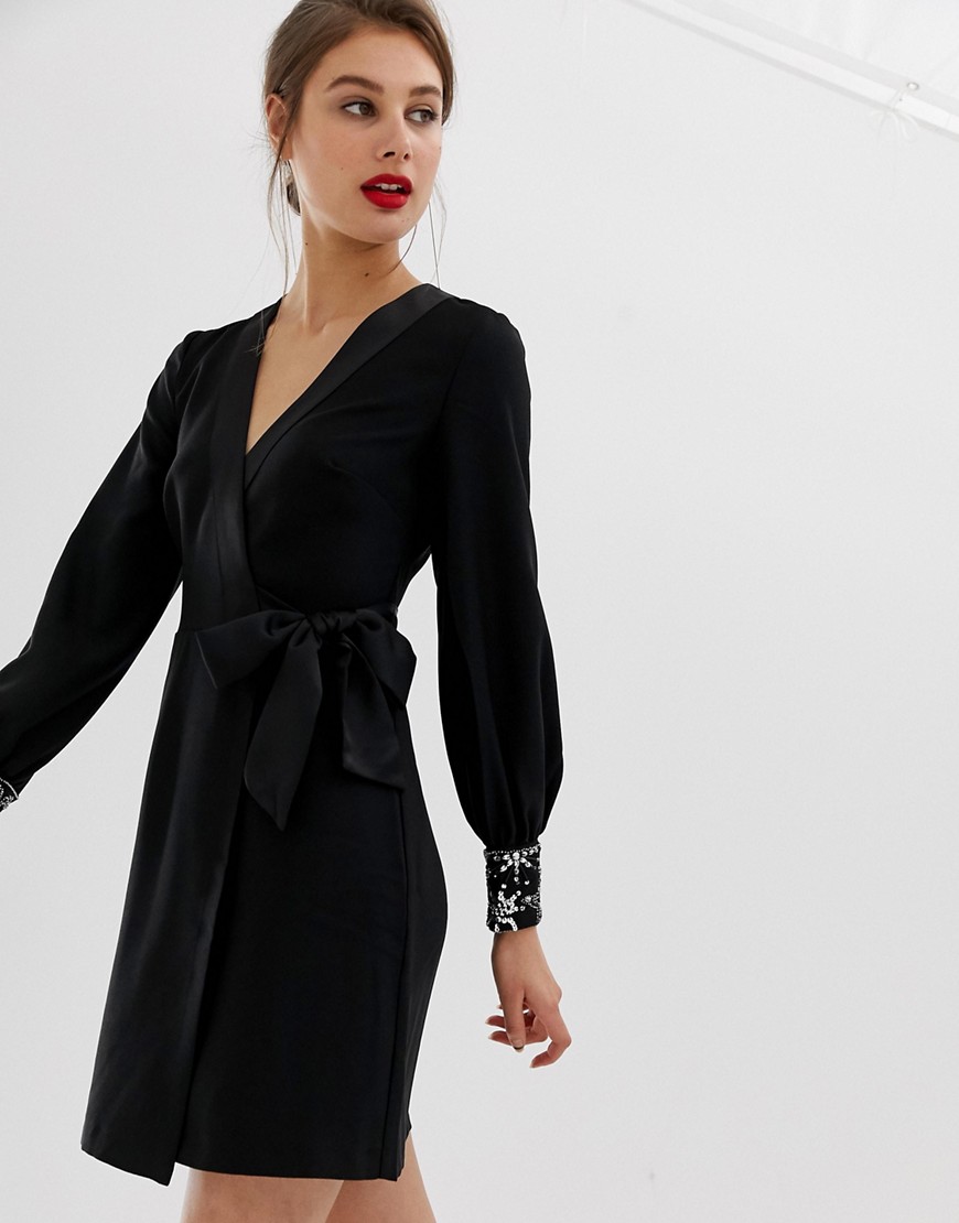 Warehouse star embellished cuff wrap mini dress in black