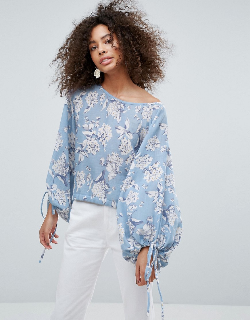 Traffic People Floral Top With Tie Detail - Blue