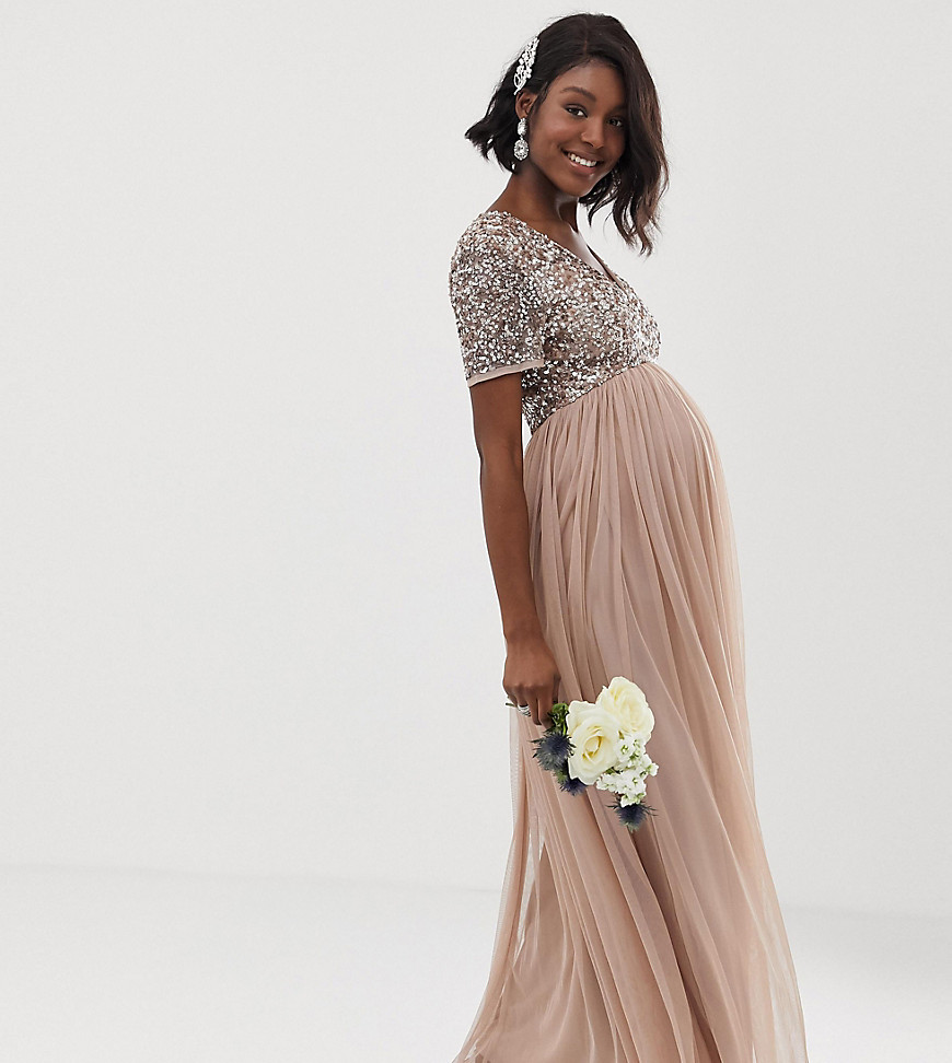Maya Maternity v neck maxi tulle dress with tonal delicate sequins - Taupe blush