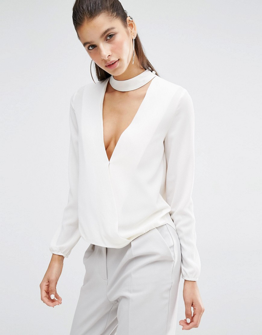 Parallel Lines V Neck Blouse With Choker Neck - White