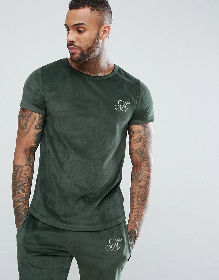 Ascend Slim Fit Velour T-Shirt with Curved Hem - Green