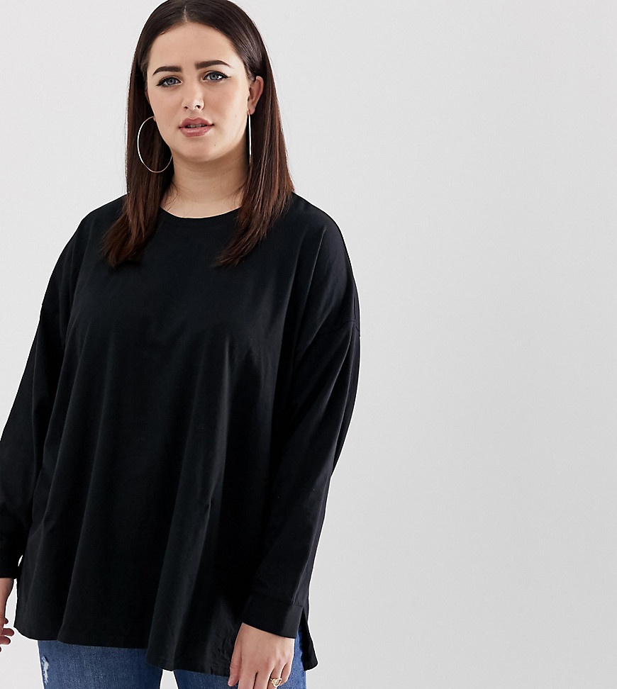 ASOS DESIGN Curve organic cotton long sleeve washed oversized long sleeve top in black