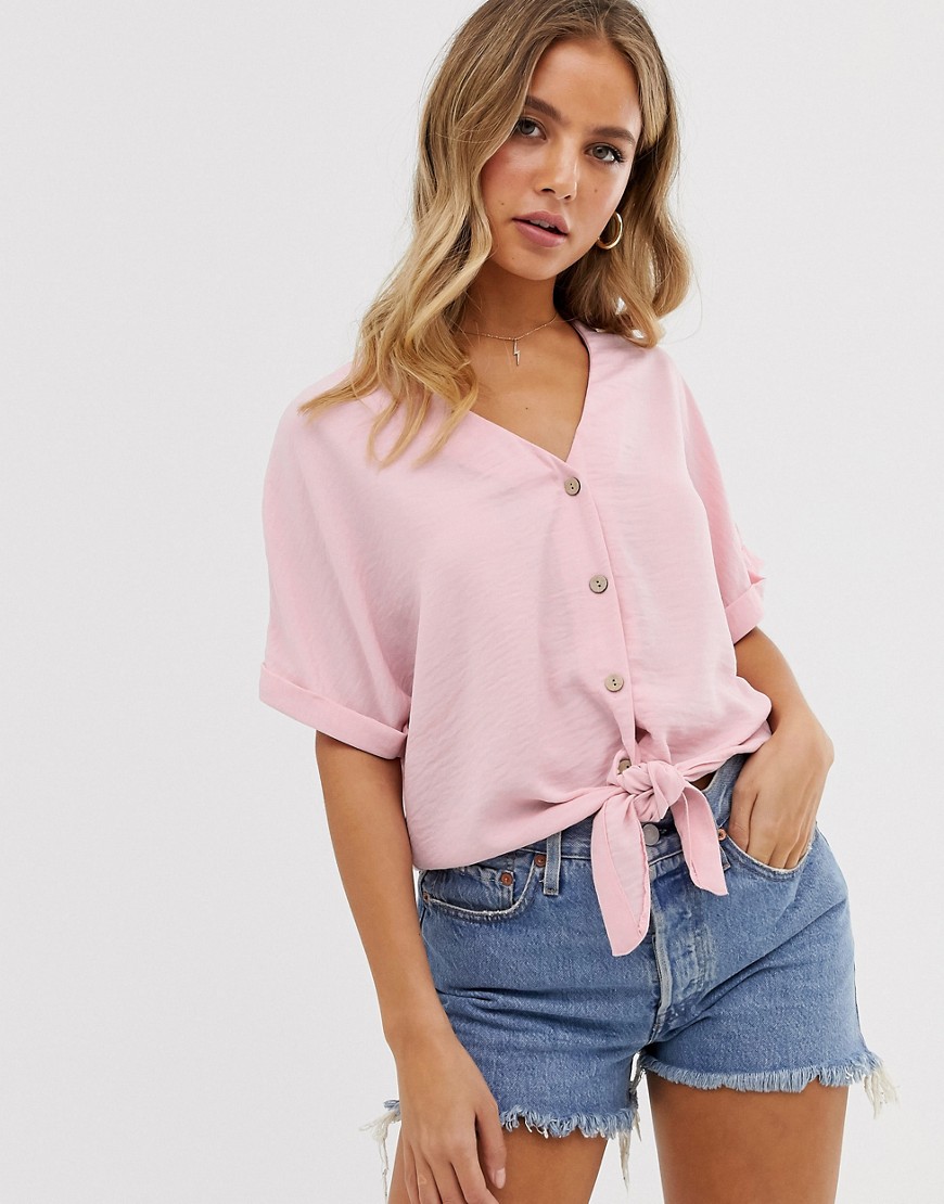 New Look button down tie front tee in pastel pink