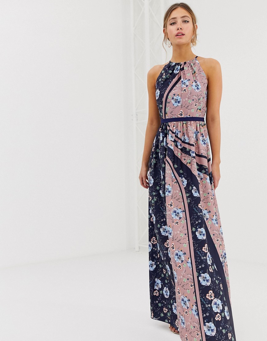 Little Mistress high neck floral scarf print maxi dress in multi