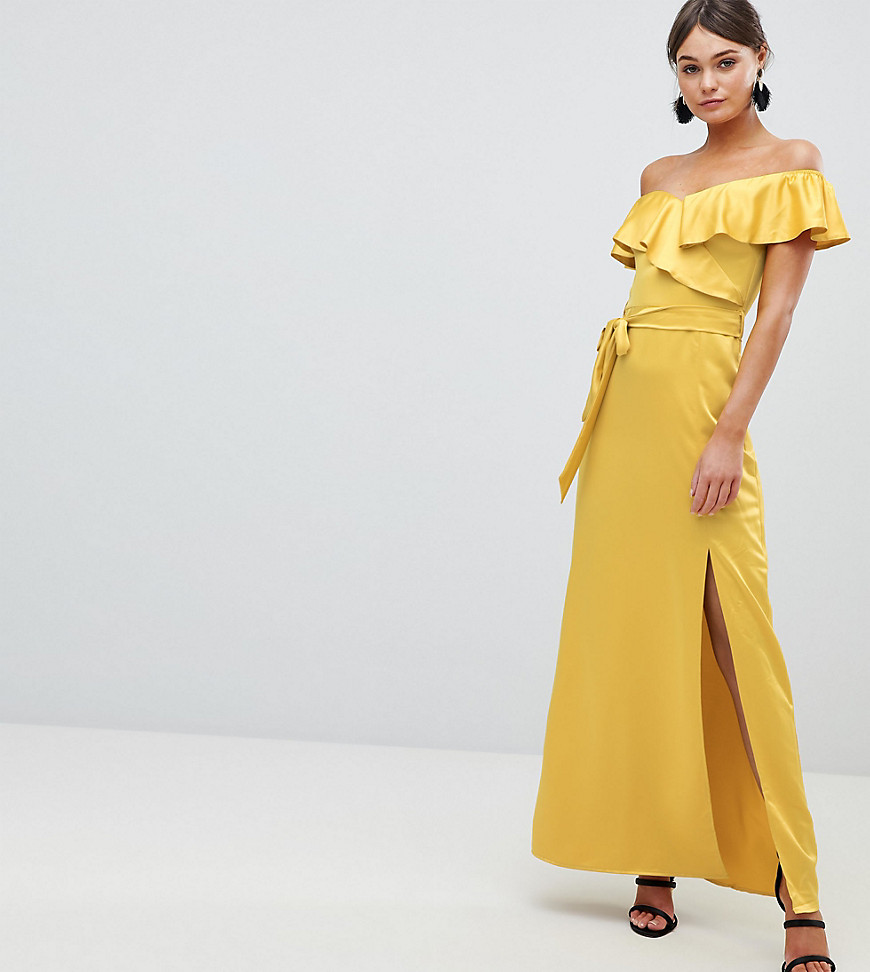 Silver Bloom Off The Shoulder Frill Maxi Dress With Waist Tie - Yellow