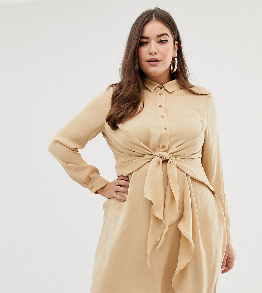 Missguided Plus tie waist shirt dress in champagne