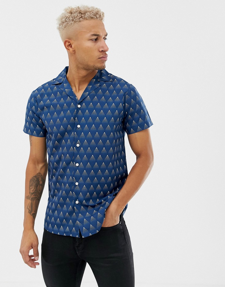 boohooMAN regular fit revere shirt with geo print in navy