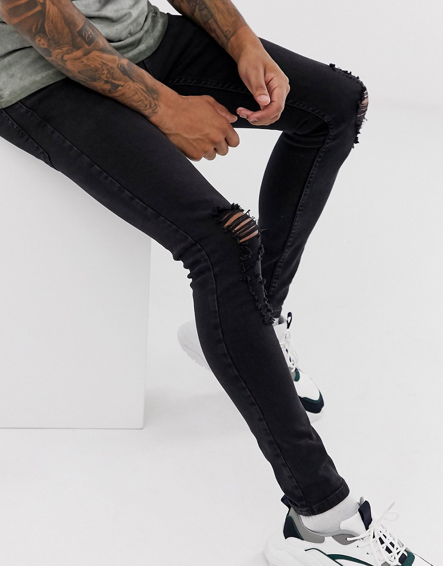 Topman cotton spray on ripped jeans in washed black