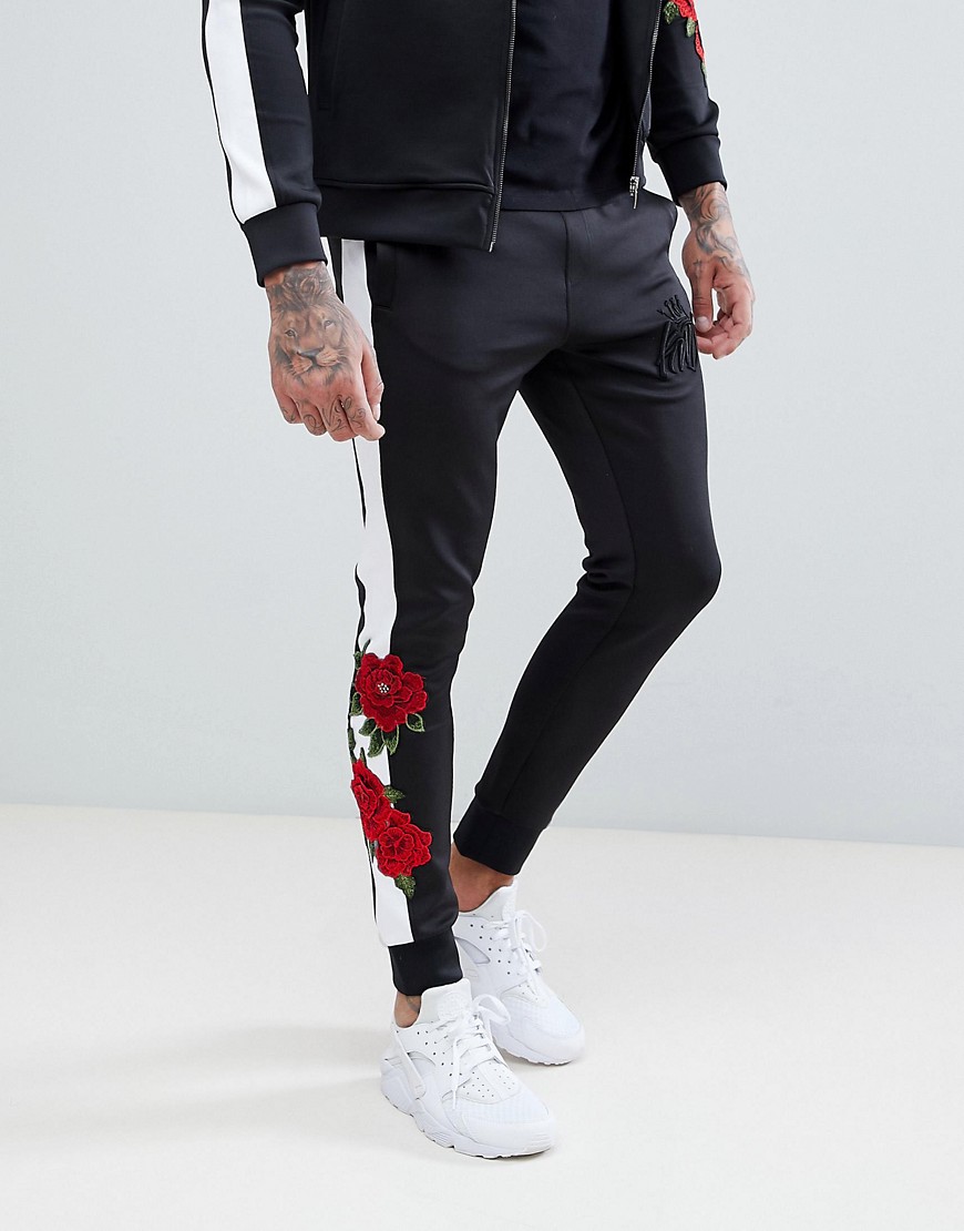 Kings Will Dream Skinny Joggers With Rose Print Side Stripes - Black