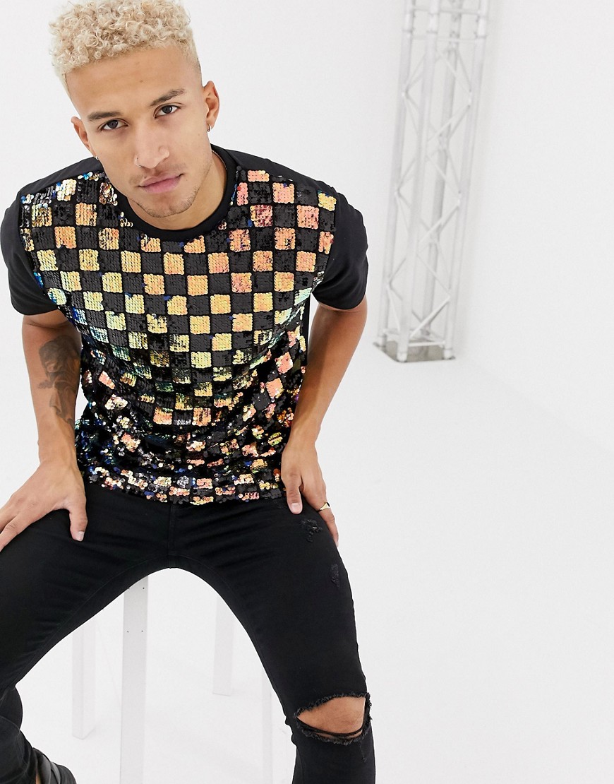ASOS DESIGN relaxed t-shirt with iridescent grid check sequin