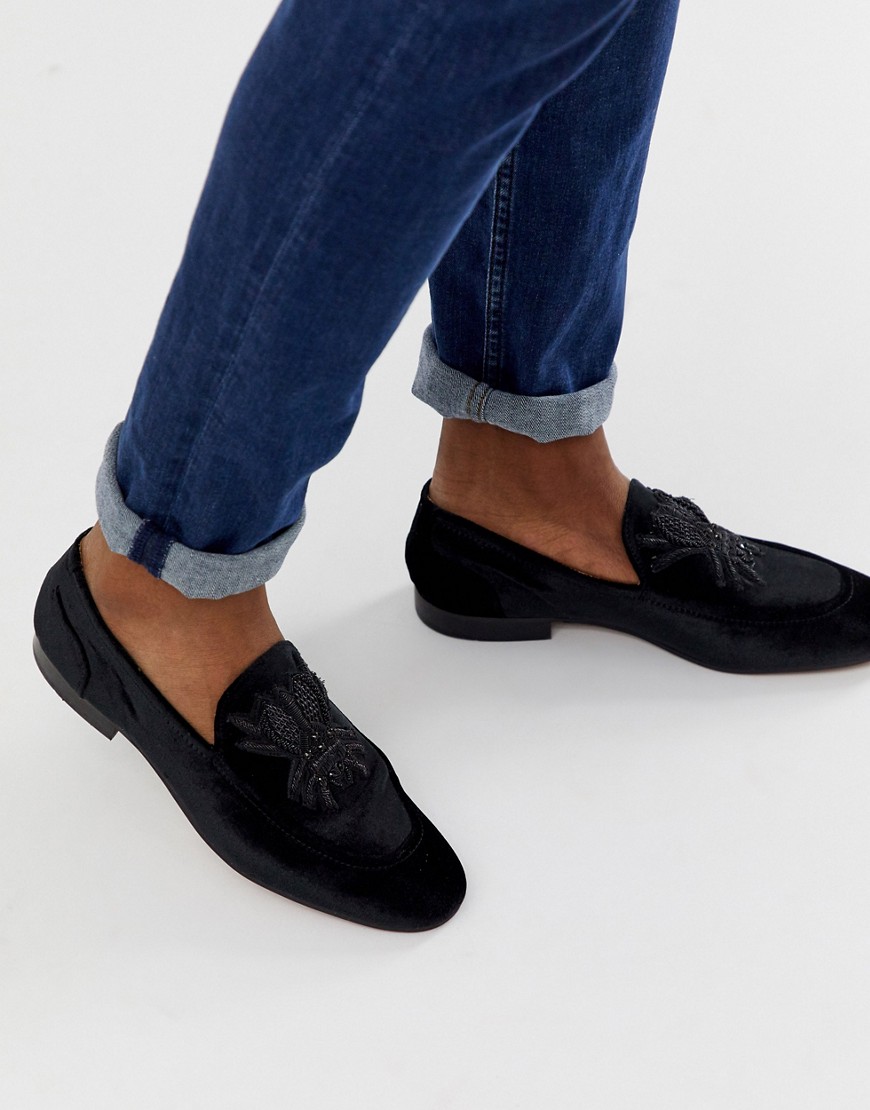 H by Hudson Carson embroided slipper loafers in black velvet