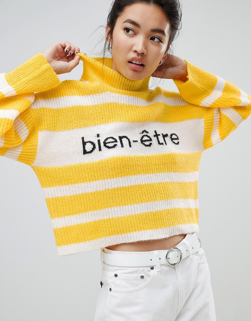 Neon Rose roll neck jumper in knitted slogan stripe - Yellow