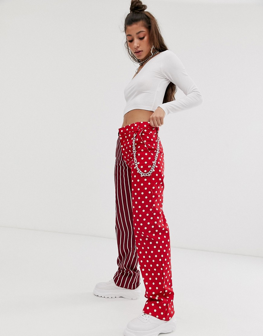 O Mighty two faced trousers in mixed spot & stripe with chain