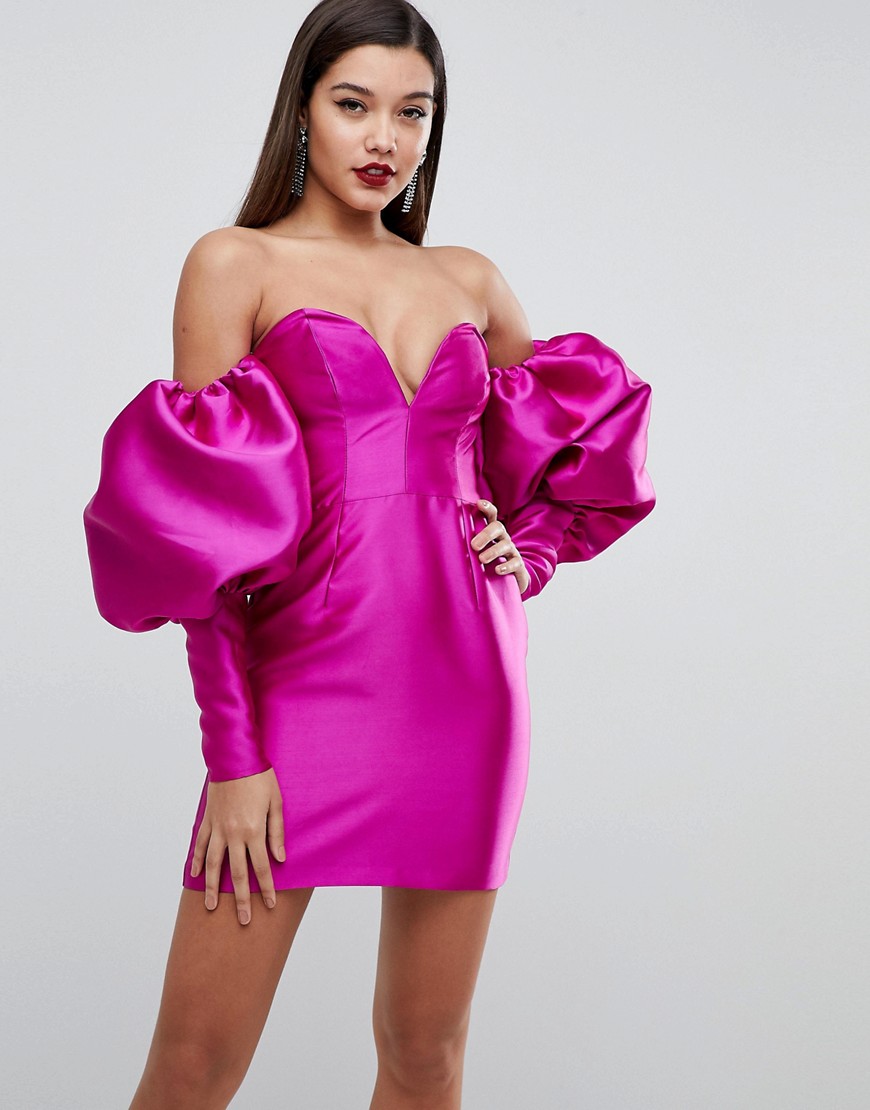 ASOS EDITION Deep Plunge Cocktail Mini Dress with Extreme Sleeve - Magenta