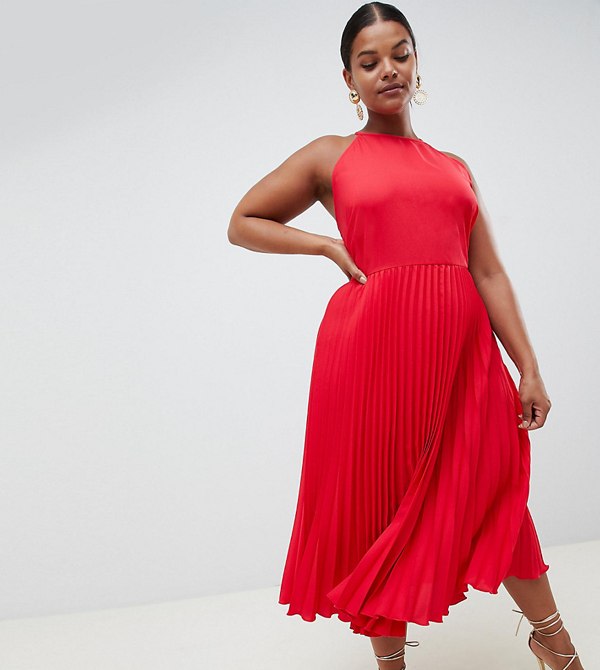 ASOS DESIGN Curve pleated midi dress with ruffle open back