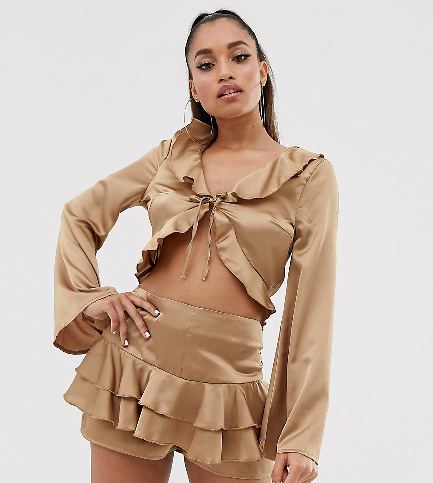 Missguided Petite Exclusive co-ord tie front satin blouse with frills in gold