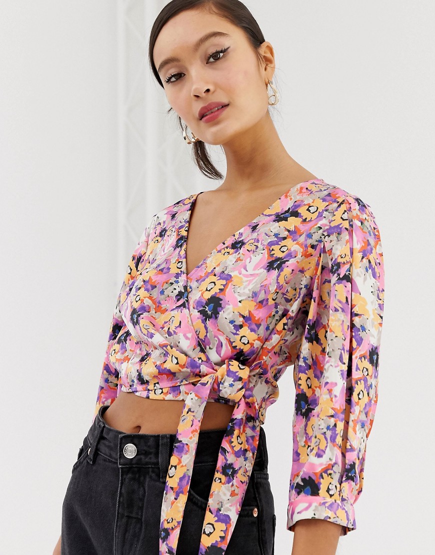 Monki floral print tie front cropped blouse in pink