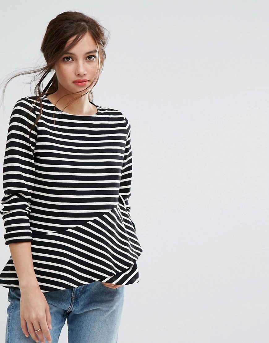 People Tree Organic Cotton Long Sleeve Top With Frill Detail In Stripe - Black stripe