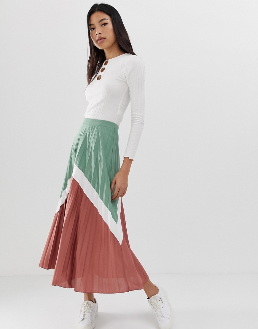 Asos Design Color Block Pleated Midi Skirt - Multi
