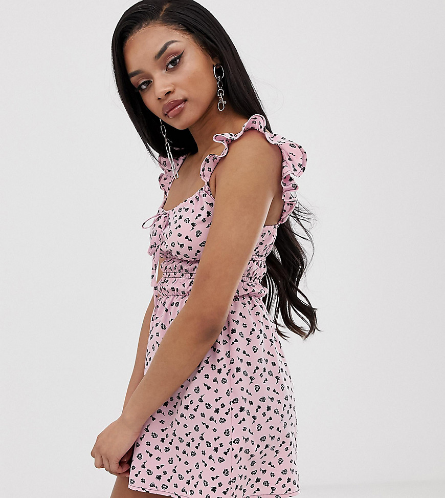 COLLUSION Petite shirred playsuit in ditsy print