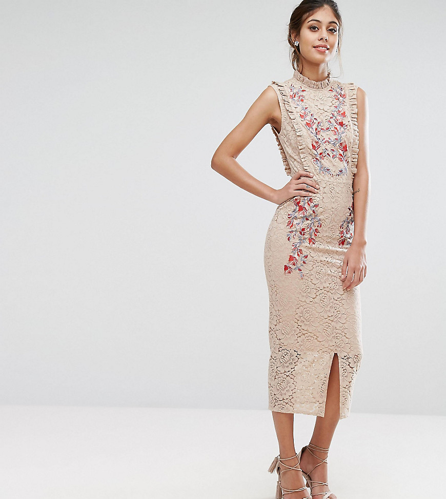 Hope & Ivy Embroidered High Neck Midi Dress In Allover Lace - Nude/multi
