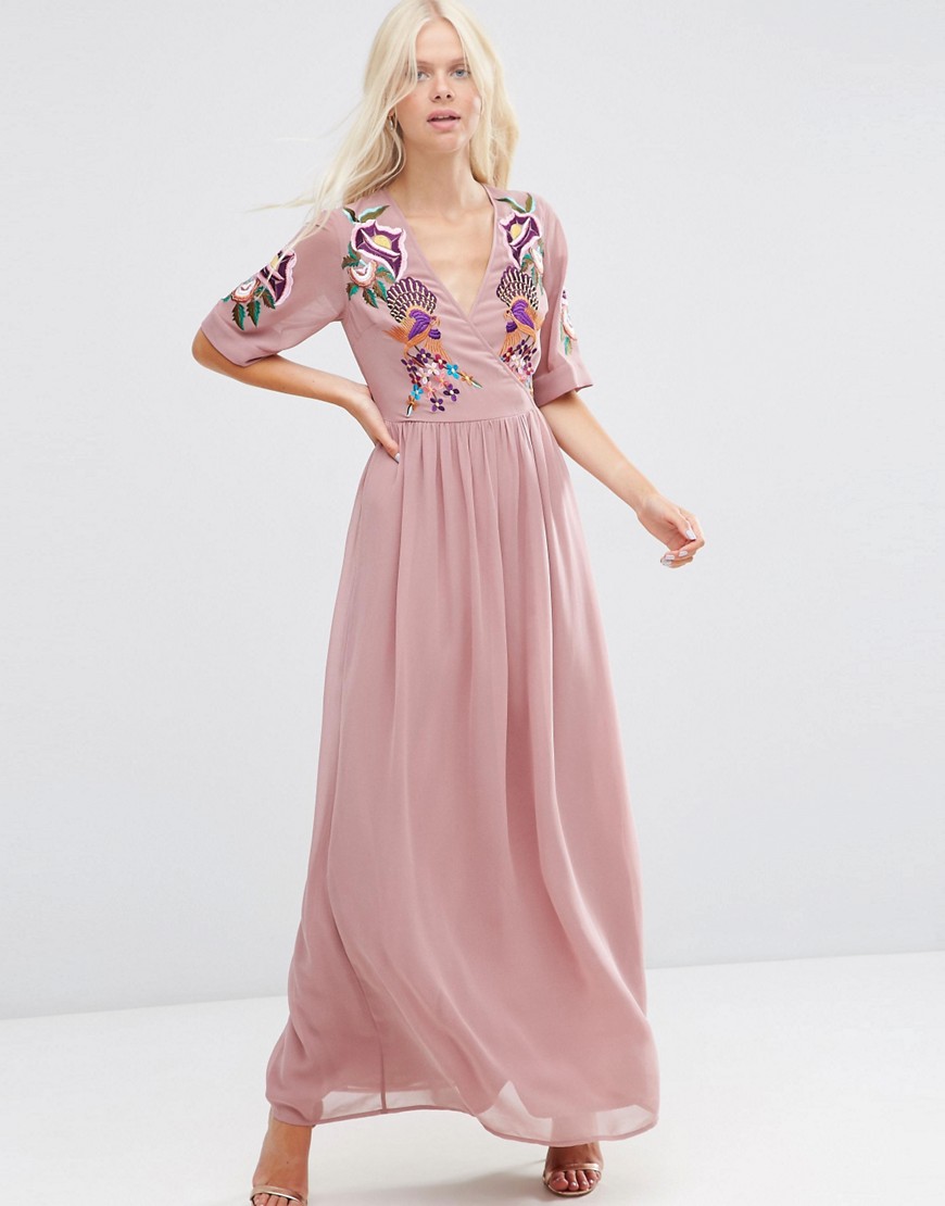 Платье макси с запахом и вышивкой ASOS Premium - Розовый 